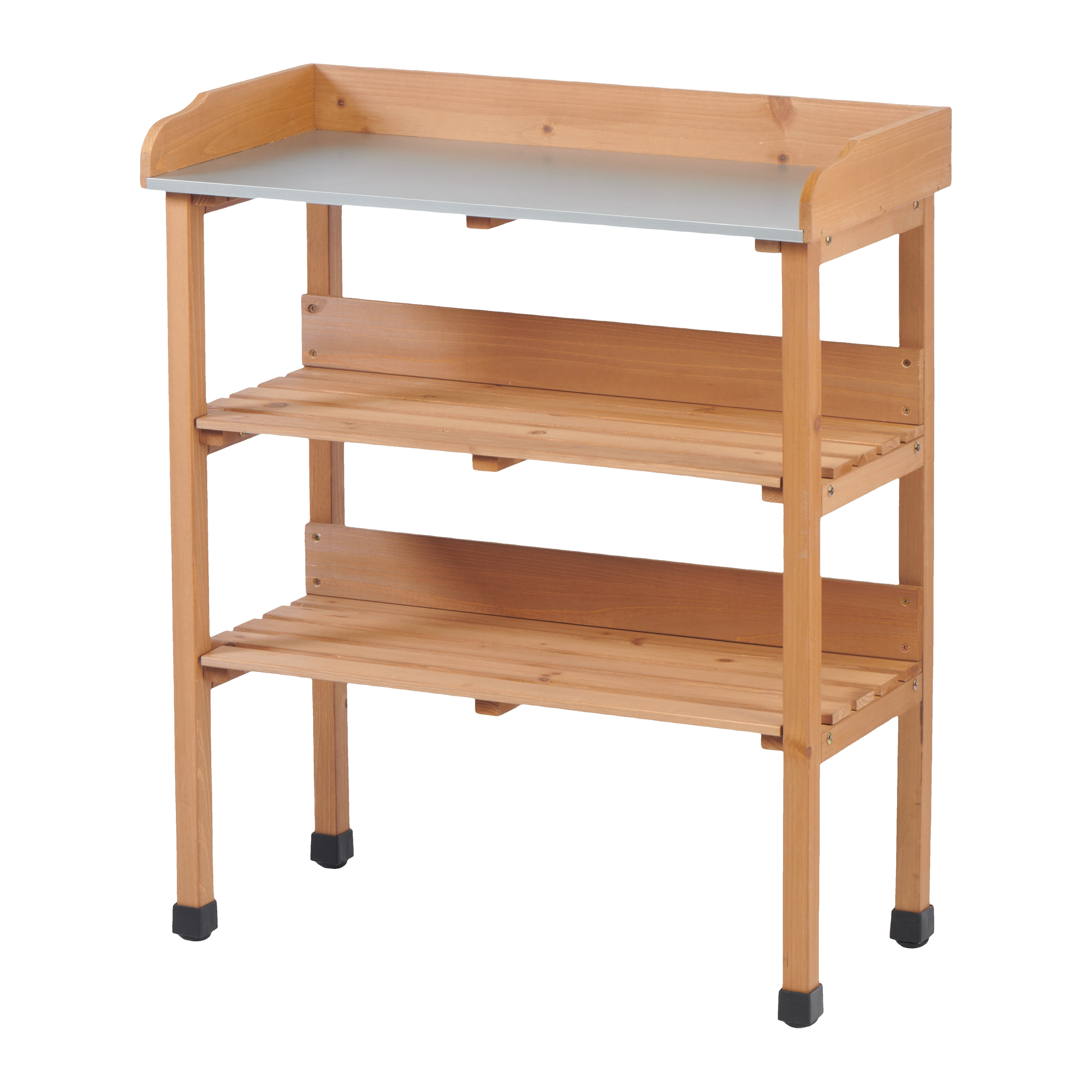 Outdoor Wooden Potting Bench Table with Metal Tabletop,3 Layers Outdoor Work Bench for Garden,Garage,Light Brown