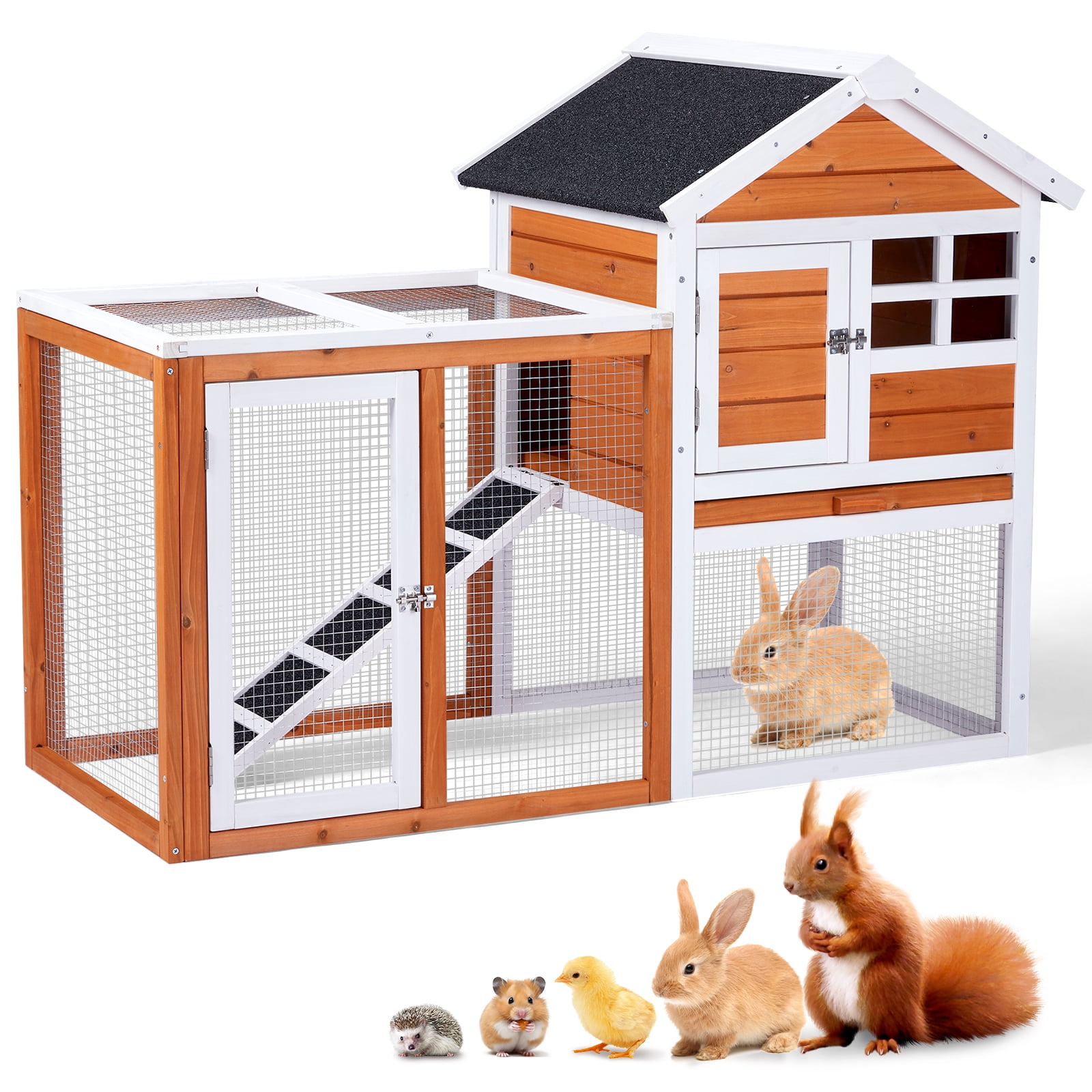 Outdoor Wooden Rabbit Hutch with Run, Indoor Bunny Cage for Pets, Easy
