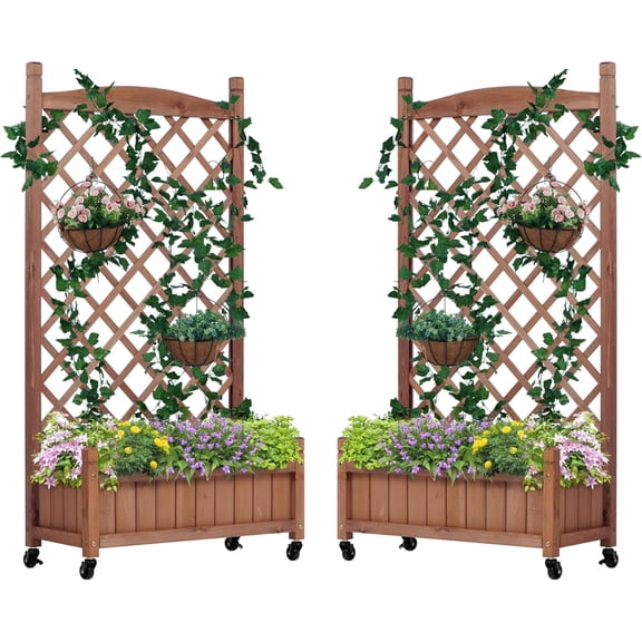 Outdoor Wooden Raised Garden Bed with Trellies 2 Pack, Planter Box for Climbing Plants, Vegetables Herb Growing,Brown