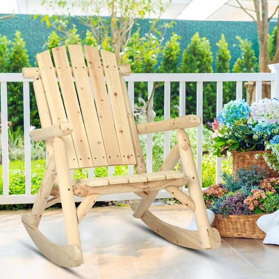 Outdoor Wooden Rocking Chair, Patio Log Rustic Adirondack Porch Rocker, All Weather Solid Wood Rocker Chair with High Back & Slatted Seat for Indoor, Deck, Backyard, Garden, Natural