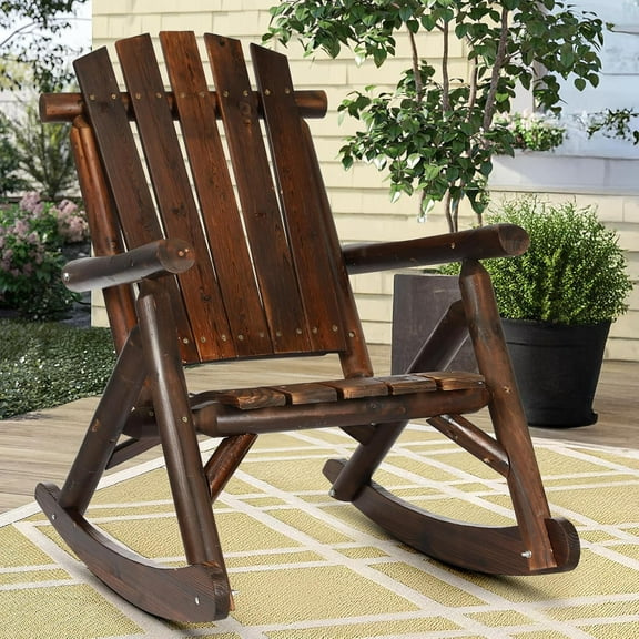 Outdoor Wooden Rocking Chair, Patio Rustic Adirondack Porch Rocker, All Weather Solid Wood Log Rocker Chair with High Back & Slatted Seat for Indoor, Backyard, Garden, Carbonized