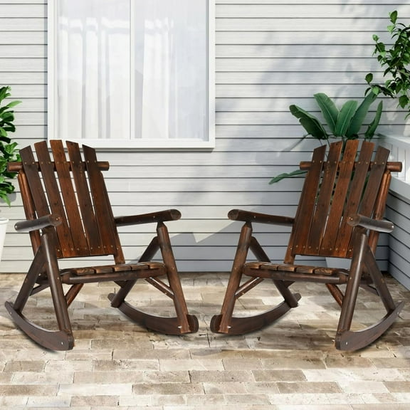 Outdoor Wooden Rocking Chair, Patio Rustic Adirondack Porch Rocker, All Weather Solid Wood Rocker Chair with High Back & Slatted Seat for Indoor, Backyard, Garden (Set of 2, Carbonized)