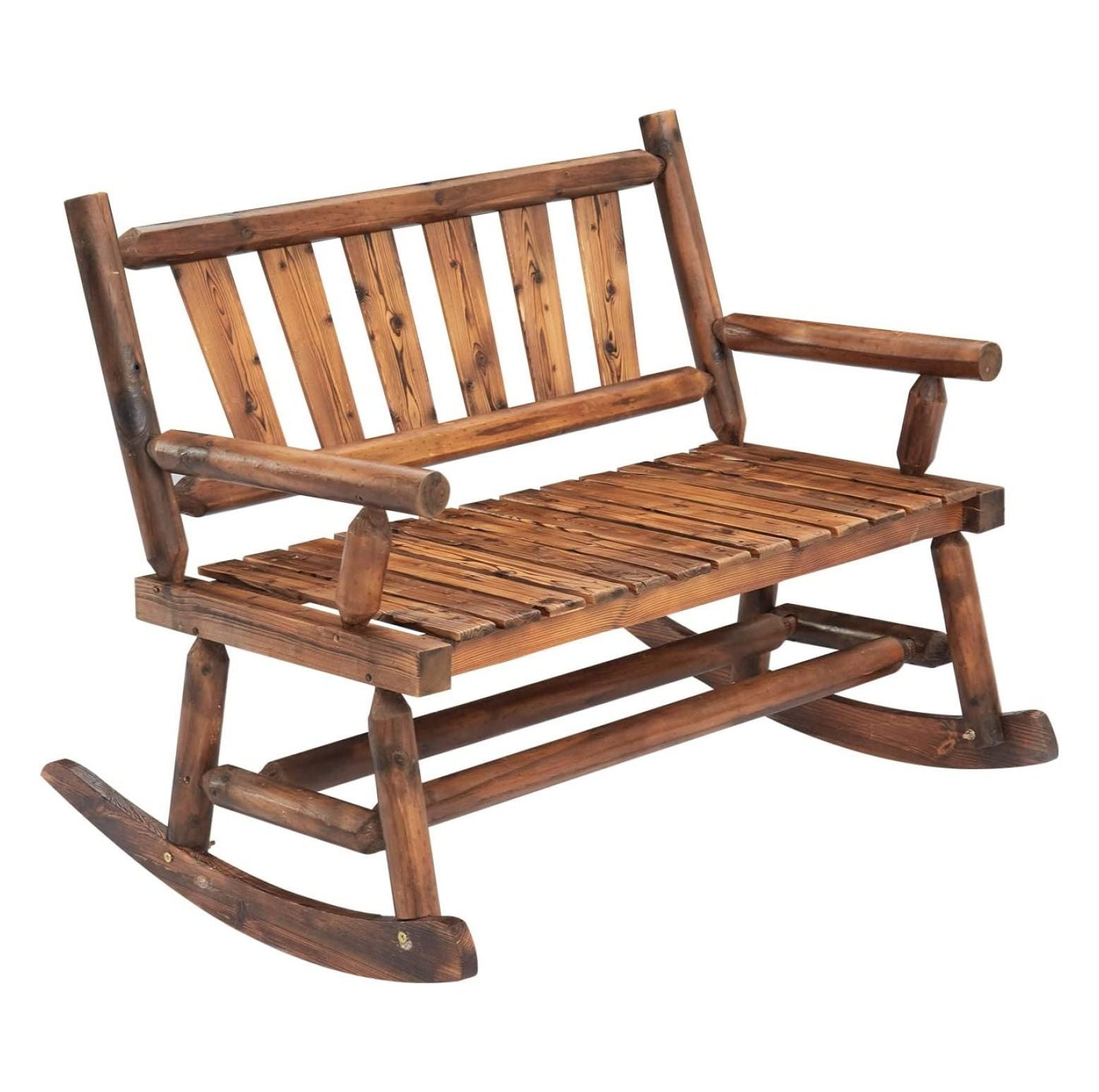 Outdoor Wooden Rocking Double Chair, Rustic Log Porch Rocking Bench