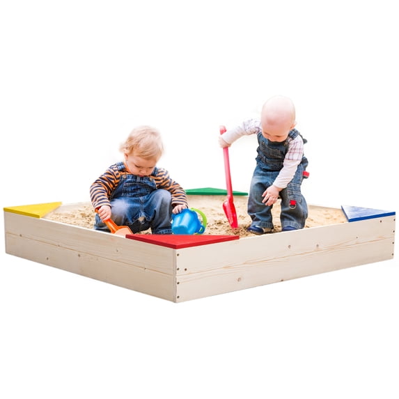 Outdoor Wooden Sand Box with Floor Cover and Waterproof Protection Cover, Square Sandpit for Kids