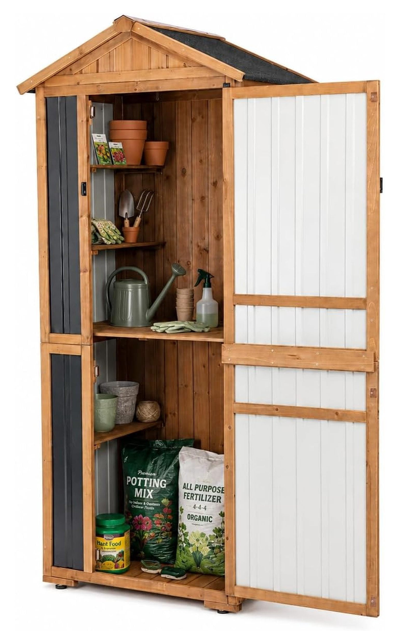 Outdoor Wooden Storage Cabinet Vertical Garden Tool Shed for Backyard