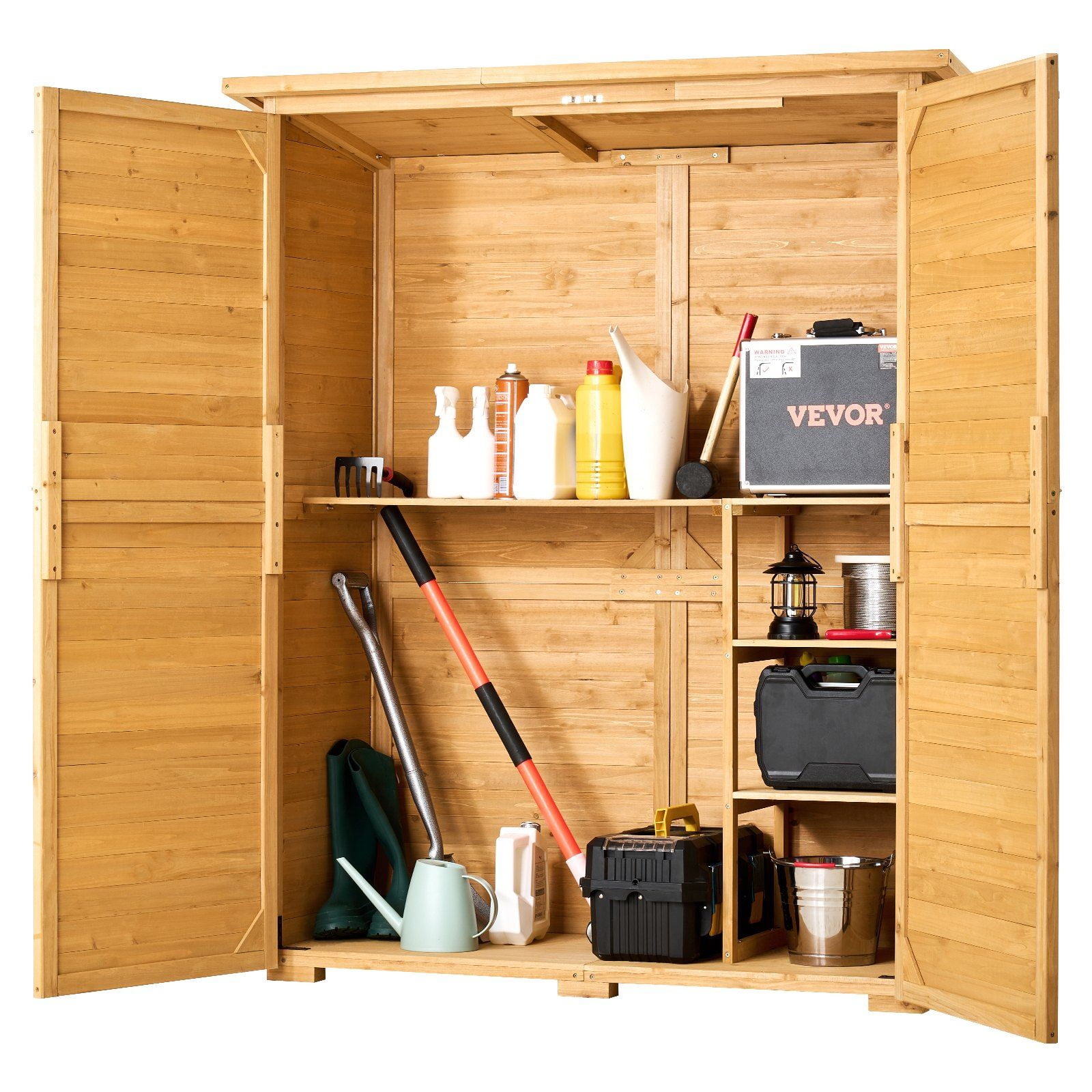 Outdoor Wooden Storage Shed 55x67.5 Inch Waterproof Garden Tool Shed with Metal Roof, Adjustable Feet, Sturdy Natural Cedar Construction, Spacious Interior, Easy Assembly, Durable & Weather-Resistant