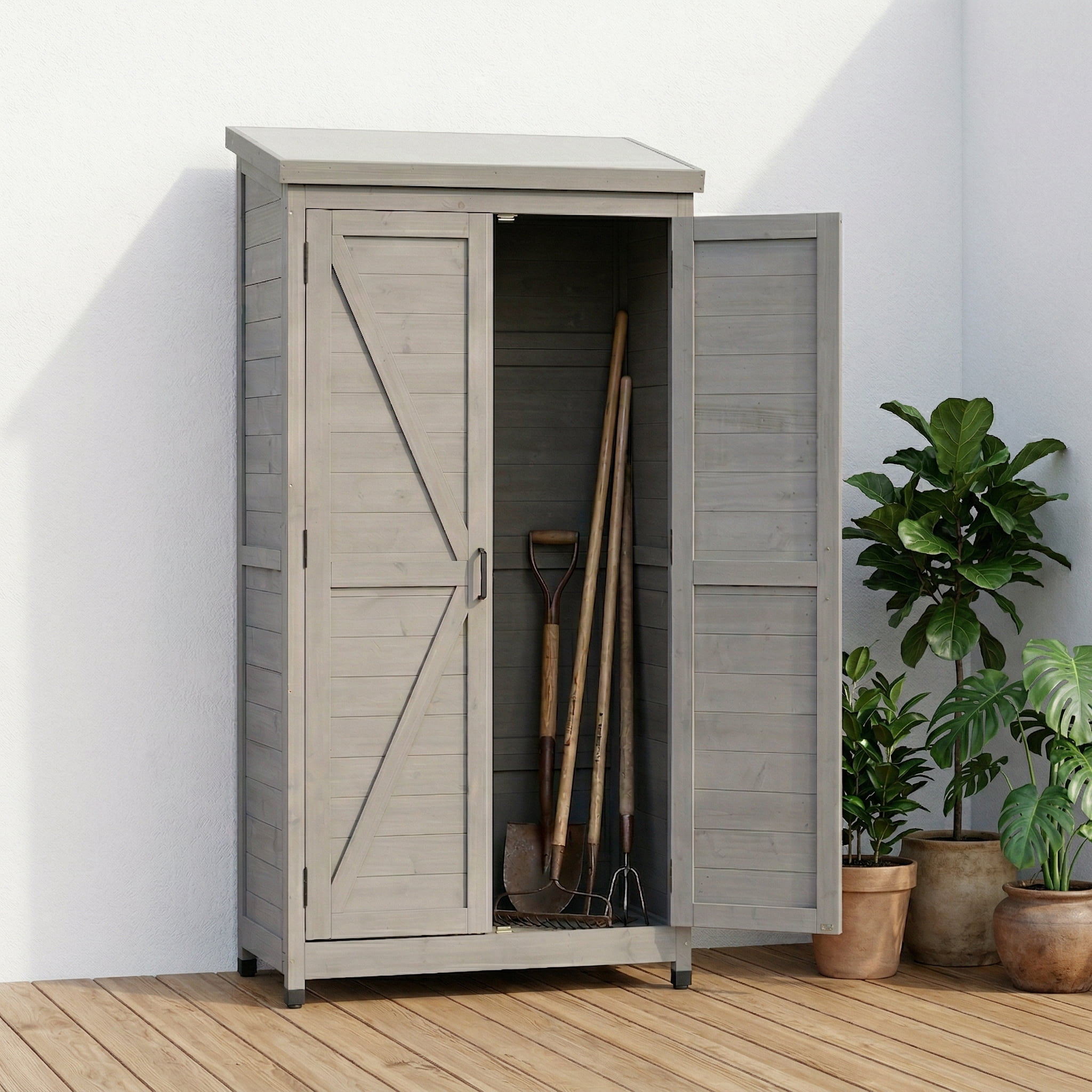 Outdoor Wooden Storage Shed, Metal Top Tall Vertical Tool Cabinet for Backyard Garden Patio Lawn Utility Storage, Grey