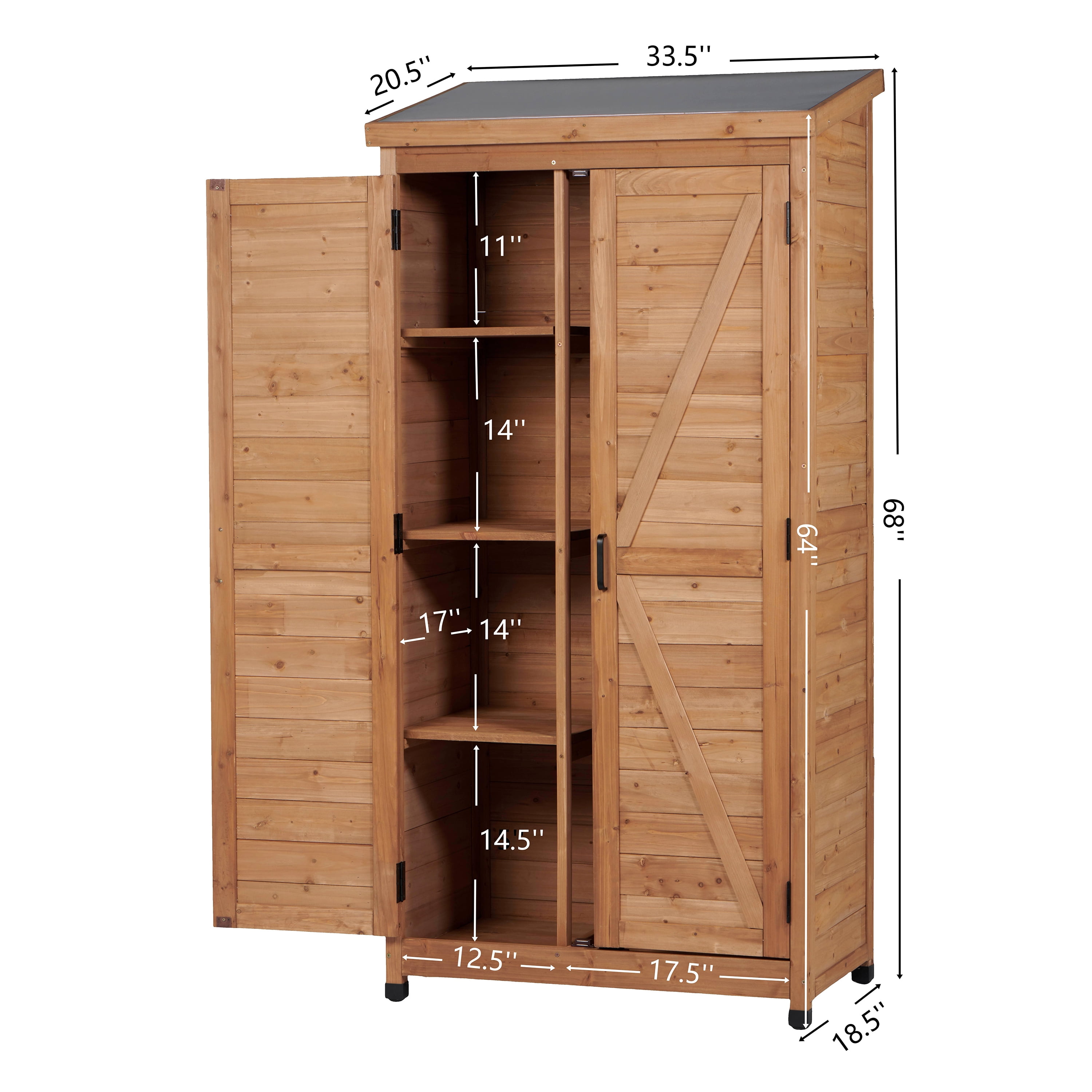 Outdoor Wooden Storage Shed w/Metal Roof & Vertical Tool Cabinet