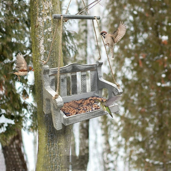 Outdoor Wooden Swing Bird Feeder, Squirrel-Proof Metal Mesh Tray with Bench Design, High-Capacity Rust-Resistant Hanging Bird Feeder for Balcony Villa Garden Porch & Yard Decor–Easy Fill & Clean
