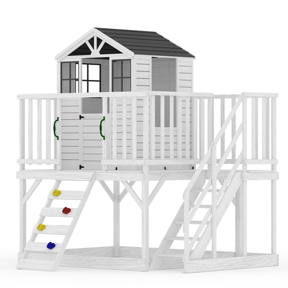 Outdoor Wooden White Playhouse with Climbing Wall, 2 Story Wooden Playhouse with Step Ladder, Elevated Modern Cedar Playhouses Kids