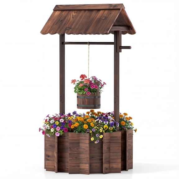 Outdoor Wooden Wishing Well Planter with Hanging Bucket, Rustic Fir Wood Flower Planter for Garden, Lawn, Patio
