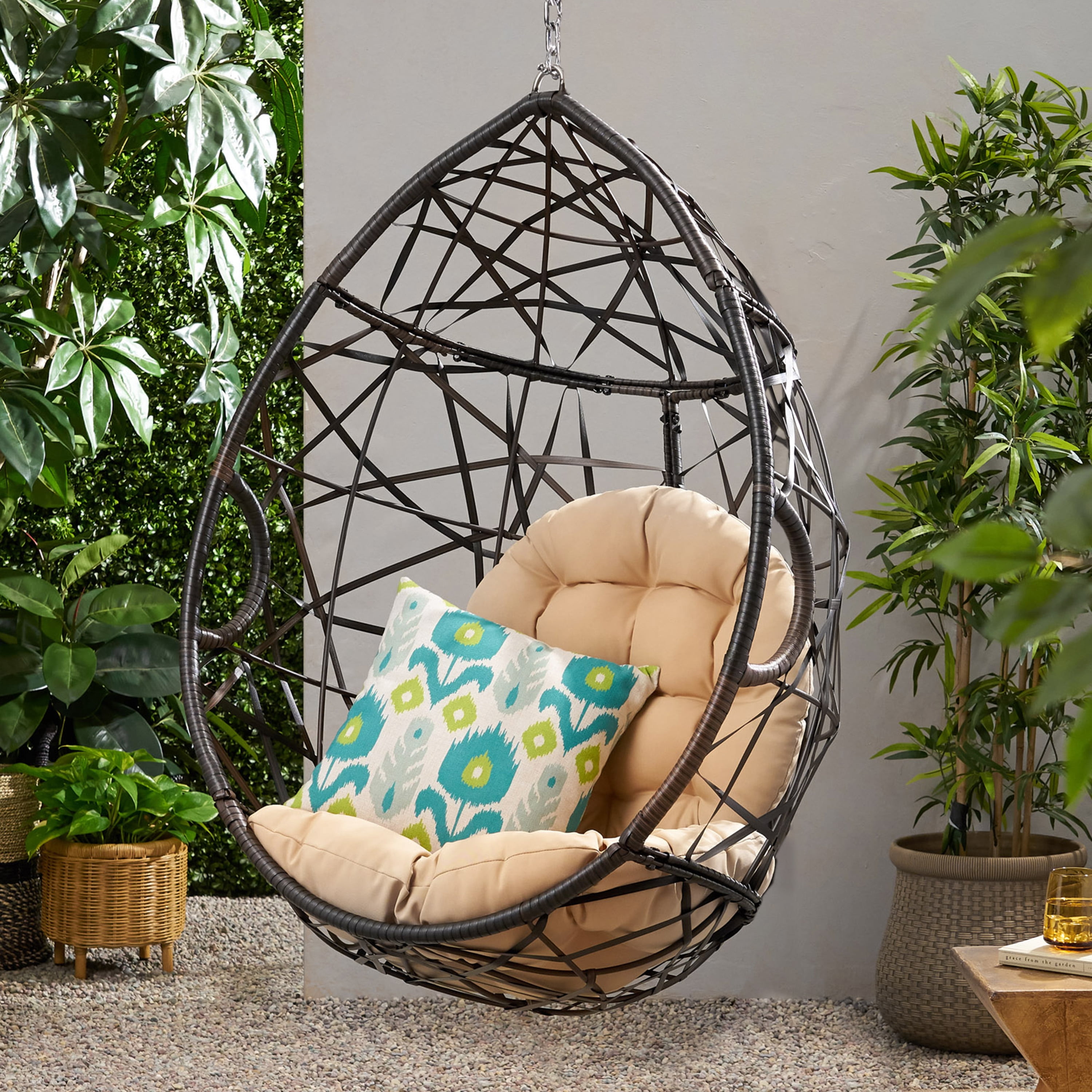 Outdoor Woven Basket Style Hanging Egg Chair, Suspended Leisure Swing Seat for Patio Garden, Brown and Beige
