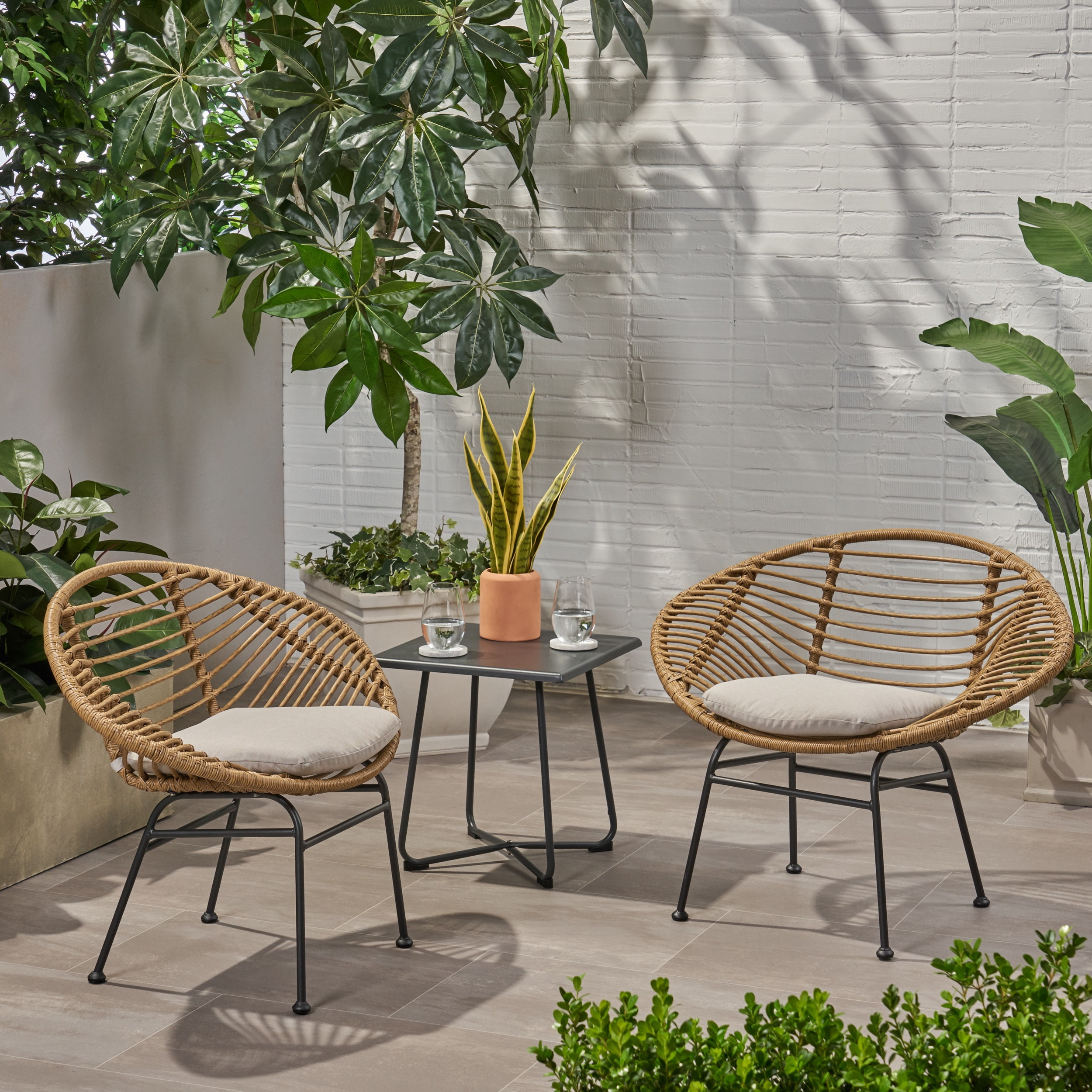 Outdoor Woven Cushioned Patio Chair Set of 2, Leisure Rest Chairs for Patio Garden, Light Brown