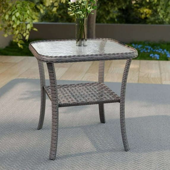 INTER HUT Outdoor Woven Rattan Coffee Table with Tempered Glass, Wicker Side Table with Storage, Brown