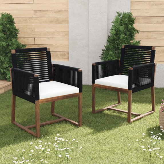 Outdoor Woven Rope Chairs Set of 2, Armchairs with Rope Design Back, Arms and Washable Cushion, Farmhouse Style Furniture for Garden, Balcony and Deck, Black