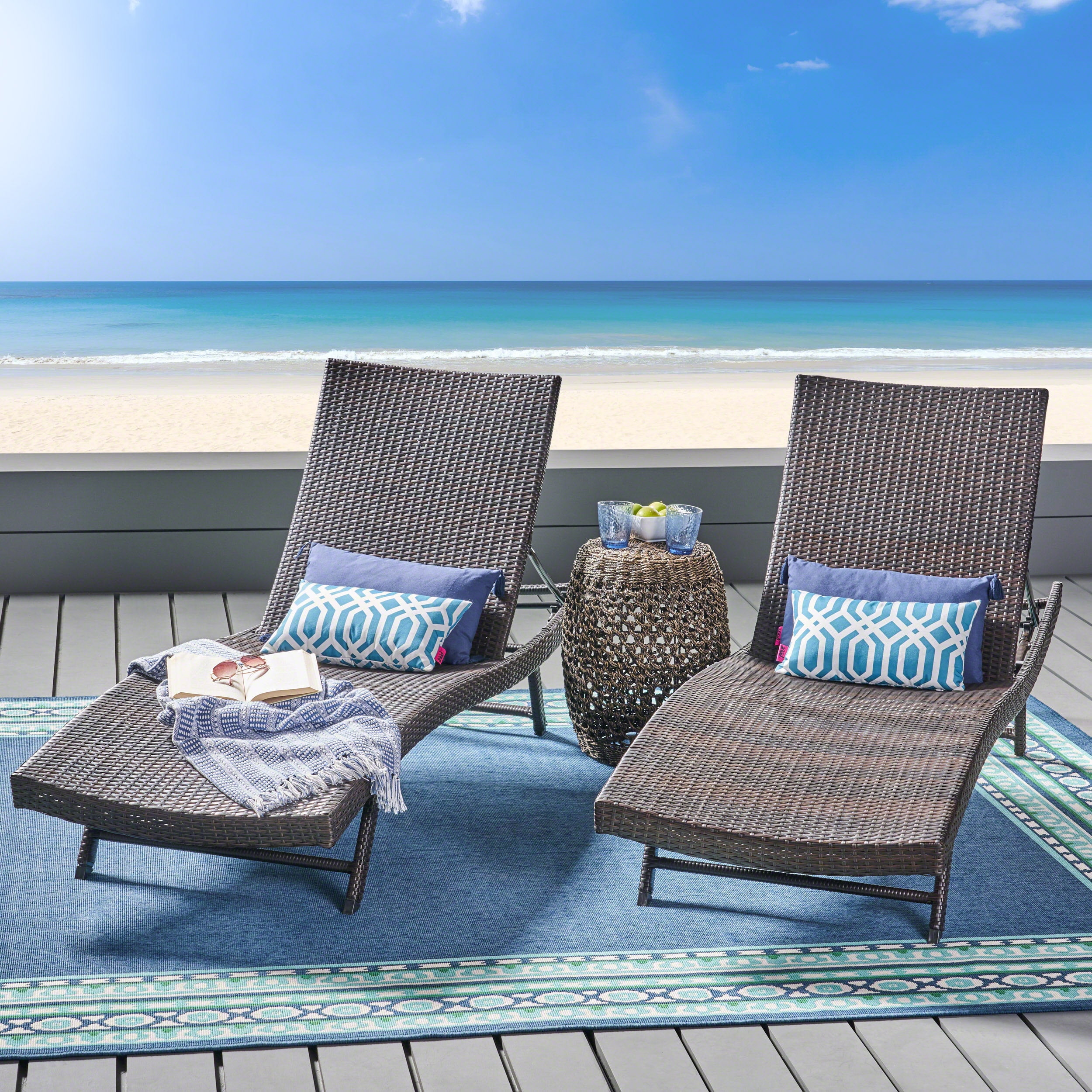 Outdoor Woven Surface Chaise Lounge Set of 2, Weather Resistant Poolside Recliners for Patio Garden, Brown