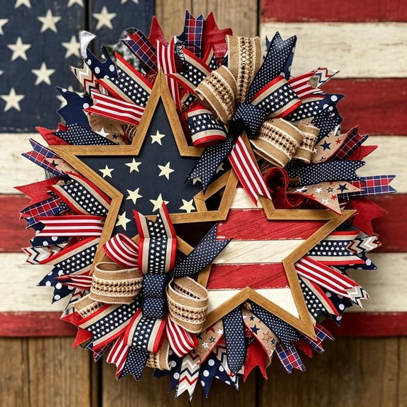 Outdoor Wreaths for Front Door, 4th of July Decorations Patriotic Wreath, Artificial Wall Wreath for Home Front Porch Decor