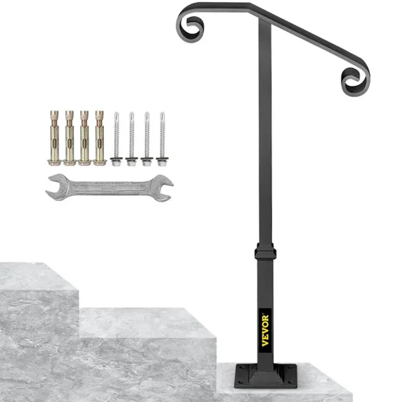 Outdoor Wrought Iron Handrails for 1 or 2 Steps,Gray Transitional Stair Railing for Concrete and Wooden Stairs,Durable Porch Handrail with Base