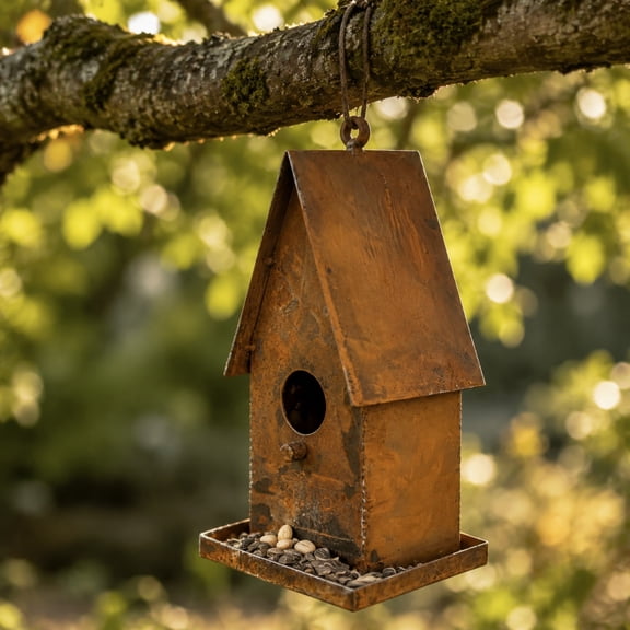 Outdoor Yard Decor, Backyard Decorations Outdoor, Outdoor Fall Decorations, Farmhouse Fall Decor, 8X4 Inch Vintage Rust Finish Iron House Shaped Hanging Bird Feeder Tray Decor for