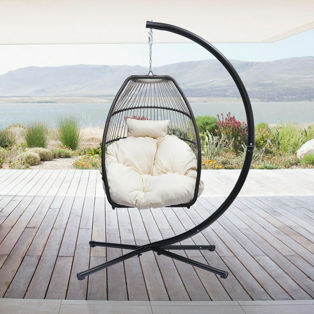 Outdoor Yard Folding Hanging Chair Egg Chair with Stand Indoor Outdoor Balcony Bedroom Basket Hanging Lounge Chair