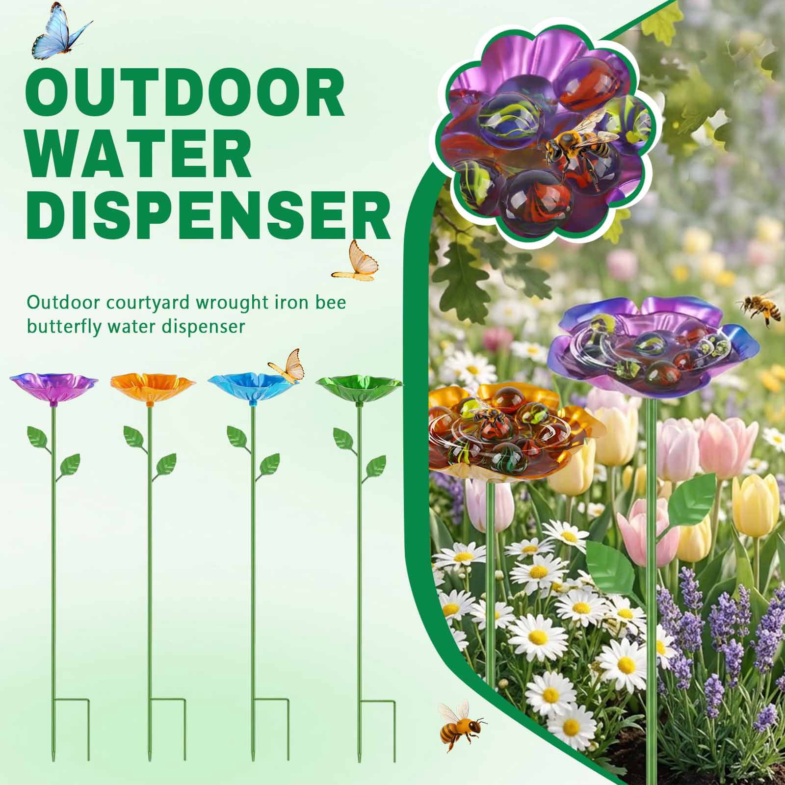 Outdoor Yard Garden Wrought Iron Bee Butterfly Waterer Bird Feeder Ground Stake, 4-Color Flower Design Set, Durable Metal Construction for Patio Lawn Outdoor Wildlife Feeding Decoration