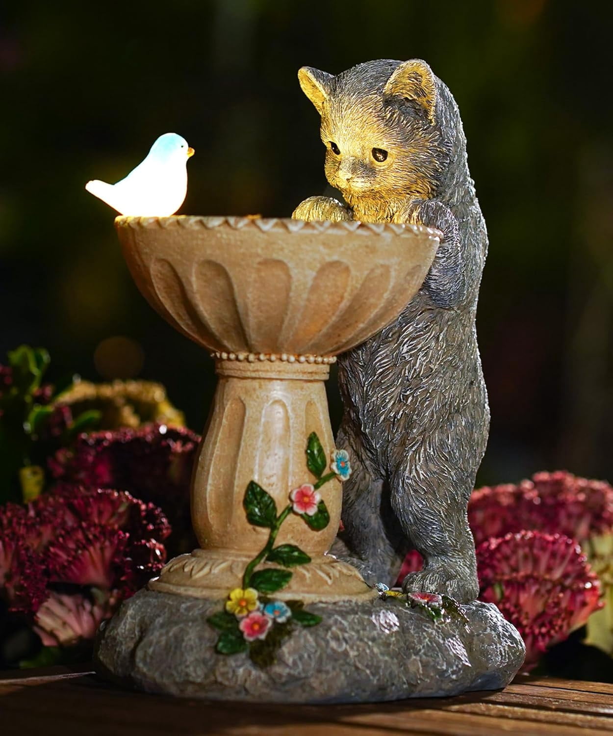Outdoor Yard Patio Balcony Art, Solar Cat Statue for Garden Decor: IP44 Weatherproof Resin with Automatic Lighting, No Installation – Birthday Gifts for Bird Lovers, Mom, Grandma, Women
