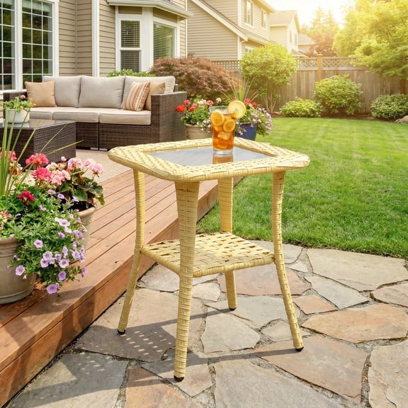 Outdoor Yellow Wicker Patio Side Table with Tempered Glass Top 2-Tier End Table Storage Shelf All-Weather PE Rattan Aluminum Alloy Frame for Balcony Backyard Garden
