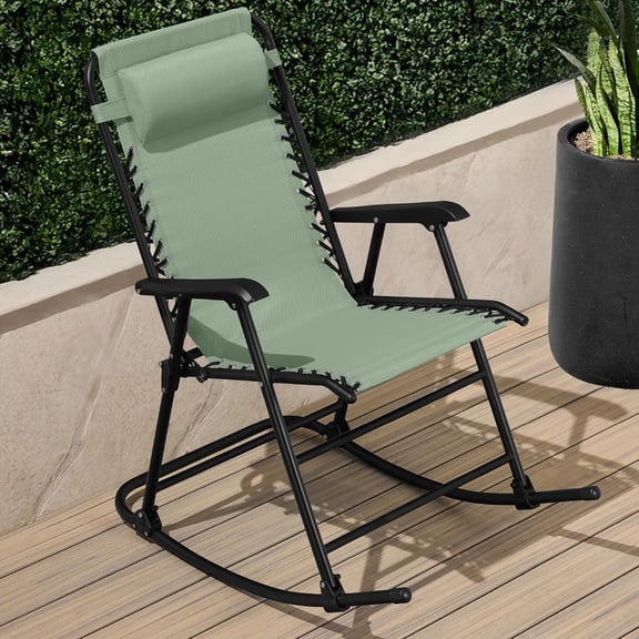 Outdoor Zero Gravity Rocking Chair, Folding Reclining  Lounge Chair with Adjustable Pillow for Lawn, Beach, Camping -  Green
