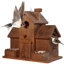 Outdoor aviary with bird feeders, rooms for three kinds of birds: blue birds, red birds, and a garden hanging aviary