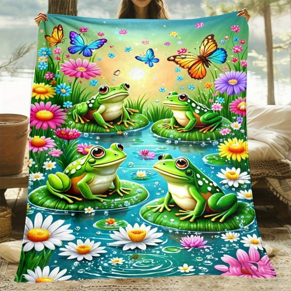 Outdoor blanket- Lightweight Frogs in The Pond Throw Blanket All-Season Chunky Knit Machine Washable Uncharged Ideal for Sofa Office Chair Camping Travel Flannel Fabric
