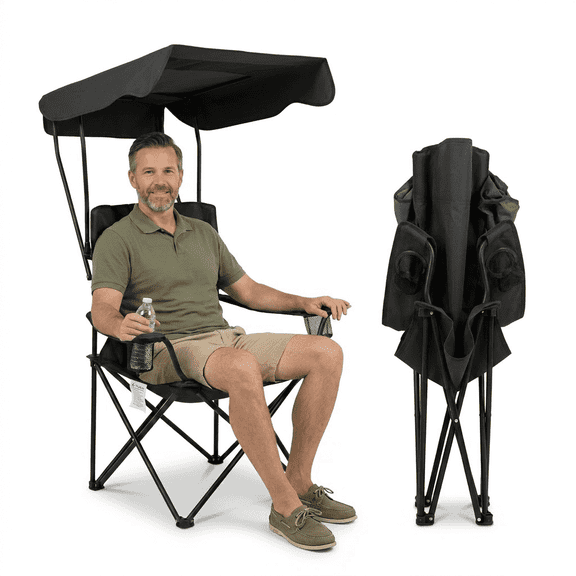 Outdoor camping chair with a sunshade; foldable, portable outdoor chair equipped with armrests, cup holders, and a carrying bag; portable lounge chair ideal for camping, the beach, fishing