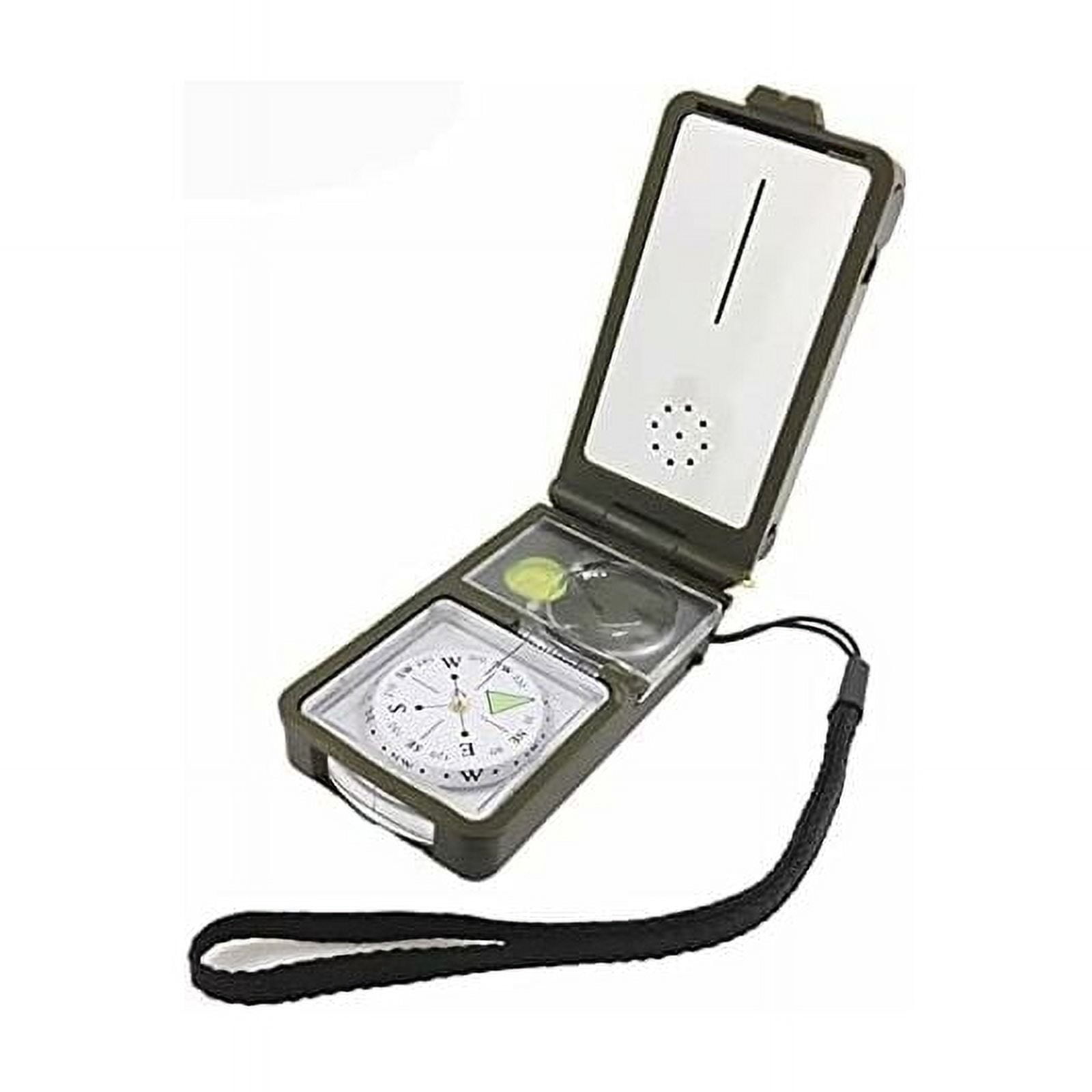 Outdoor camping multifunctional survival compass 10 in 1, equipped with liquid level, fire source, whistle, compass, ruler, reflector, LED flashlight, magnifying glass, thermometer, hygrometer