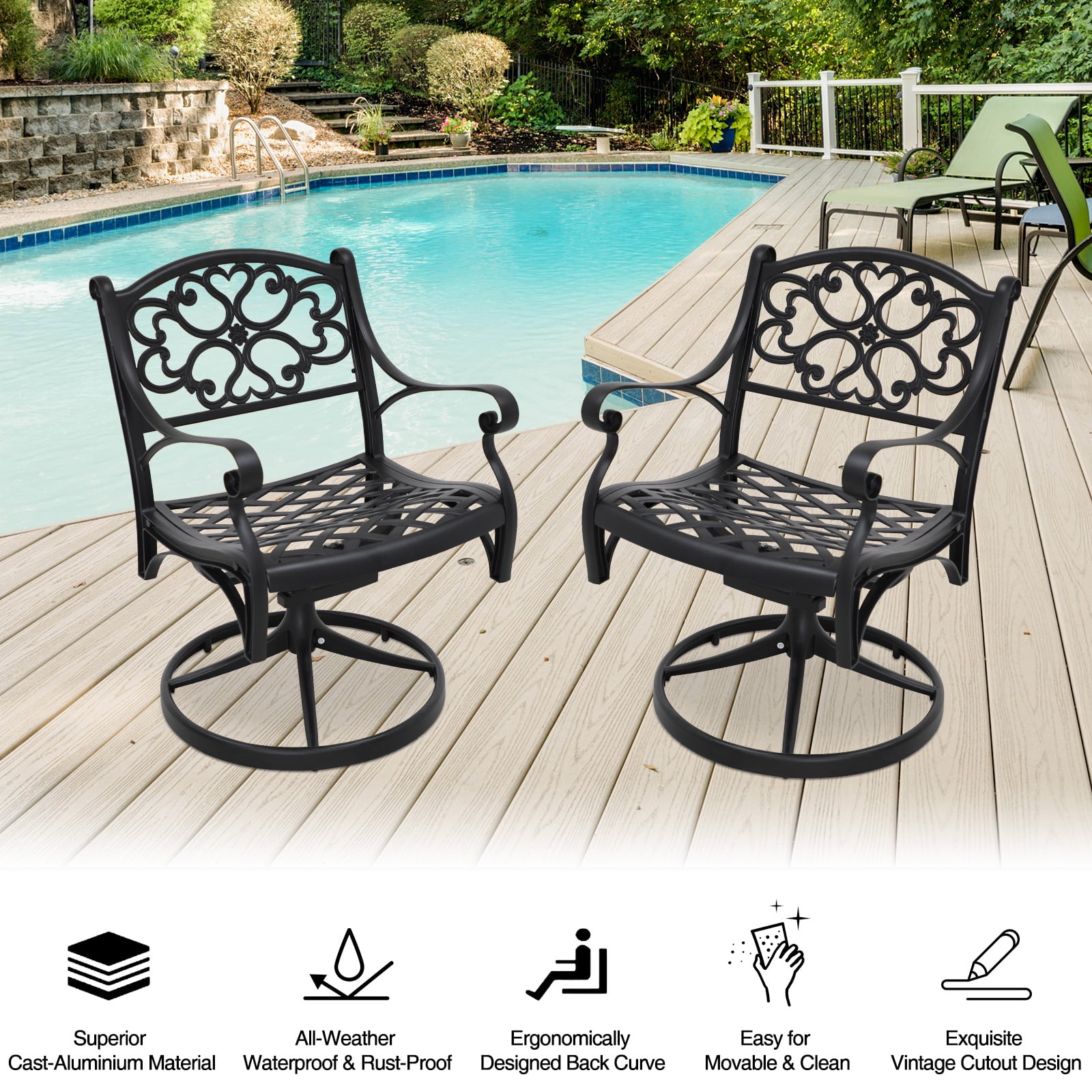 Outdoor cast aluminum patio swivel chair Set of (Flower