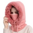 thumbnail image 1 of Outdoor cycling headwear Women's Winter hat integrated thick wool lined knitted mask set crew-neck scarf with pompadour ski hat - red, 1 of 5