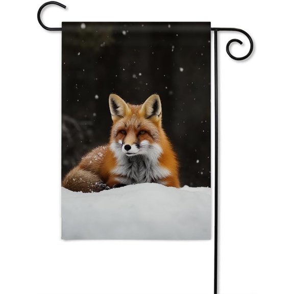 Outdoor decorating flags depicting cute foxes resting in a snowy landscape with trees and snowflakes
