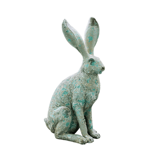 Outdoor decorations, Outside decorations for Yard, 18 in, Distressed Resin, Seated Hare Statue, Easter, Rustic Country, Patina Finish, Weathered Green, 1 Pc, Outdoor Statues