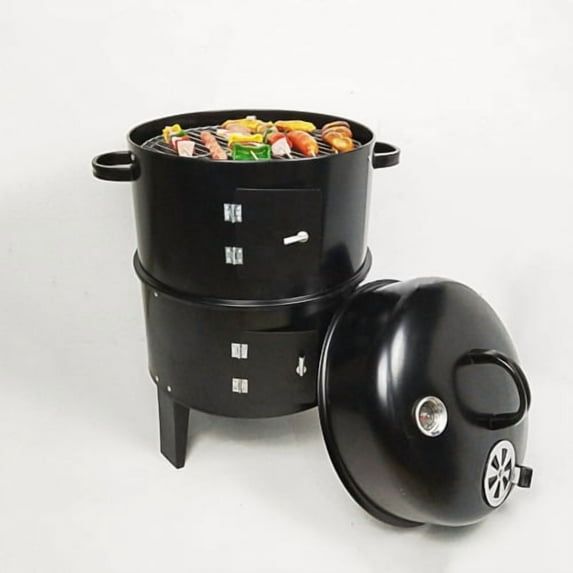 Outdoor double-layer grill, charcoal wood fired braising and smoking stove 
