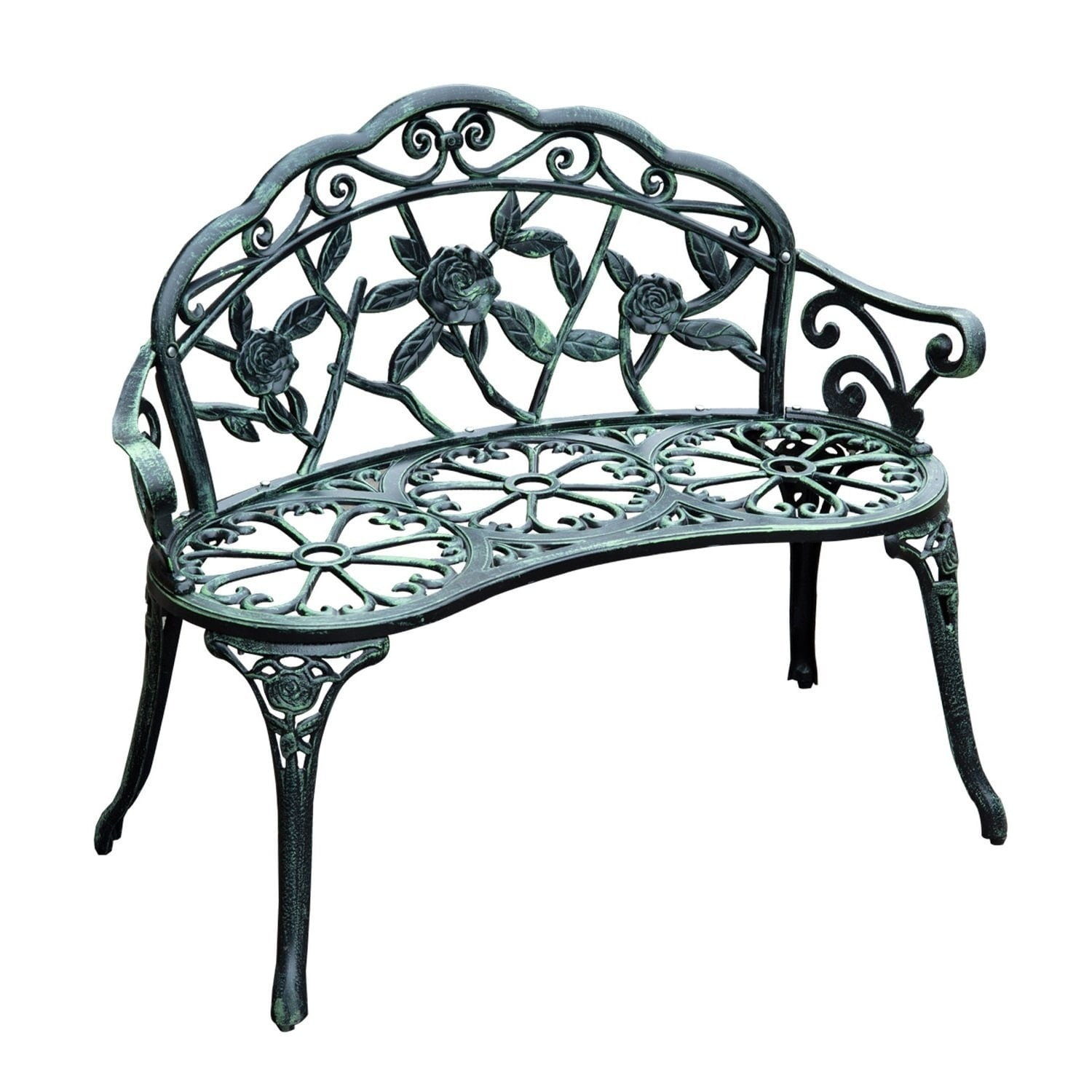 Antique Green Cast Aluminum Outdoor Bench with Floral Design