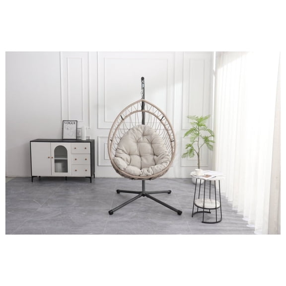 Outdoor egg-shaped hanging chair with stand, patio wicker swing egg-shaped chair, indoor rocking chair, outdoor hammock egg-shaped chair, linen gray