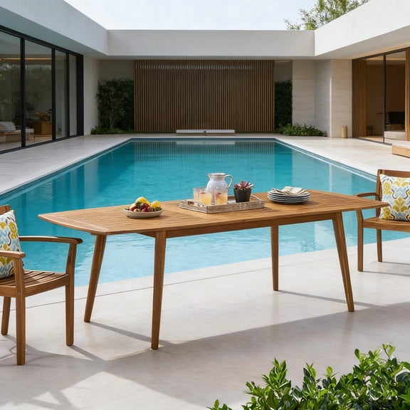 Outdoor extendable dining table, weather-resistant patio table, with a retractable design, suitable for gardens, decks, or backyards, providing versatile seating for family gatherings