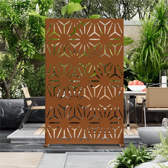 Outdoor freestanding metal privacy screen, brown powder-coated steel, 72 H x 44 W, rust-resistant for patio, deck, balcony, garden, and indoor use