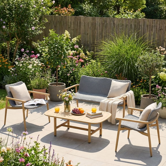 OTSUN 4 Pcs Outdoor Patio Furniture Set, Front Porch Furniture with 3 Seater Sofa 2 Single Chairs Aluminum Table Patio Sectional for Garden Terrace & Backyard