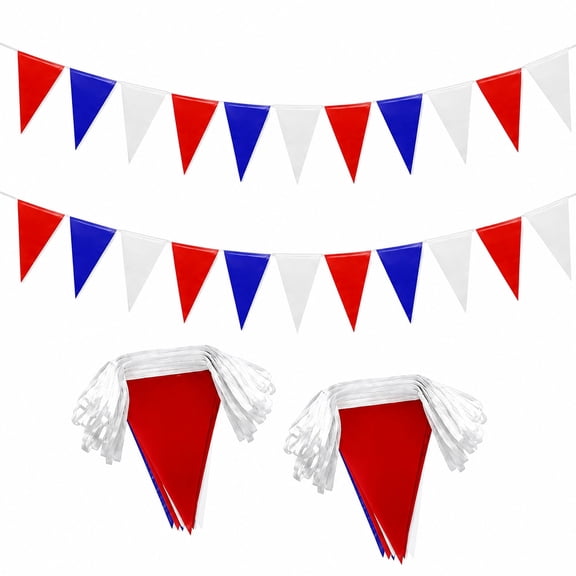 Outdoor garden hanging decoration: 100 ft red blue white pennant banner flags string, triangle bunting, 60 pcs, polyester, vibrant colorfast