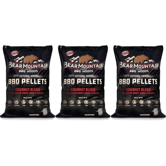 Outdoor grilling hardwood smoker pellets, all-natural low-moisture smoky gourmet blend, dark brown, delivers consistent heat and rich flavor