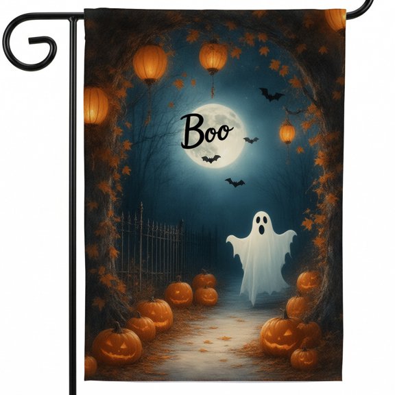Outdoor halloween flag large garden flags 28 x 40 double sided A halloween scene with a ghost and pumpkins in front of a gate. Boo funny flags yard halloween decorations