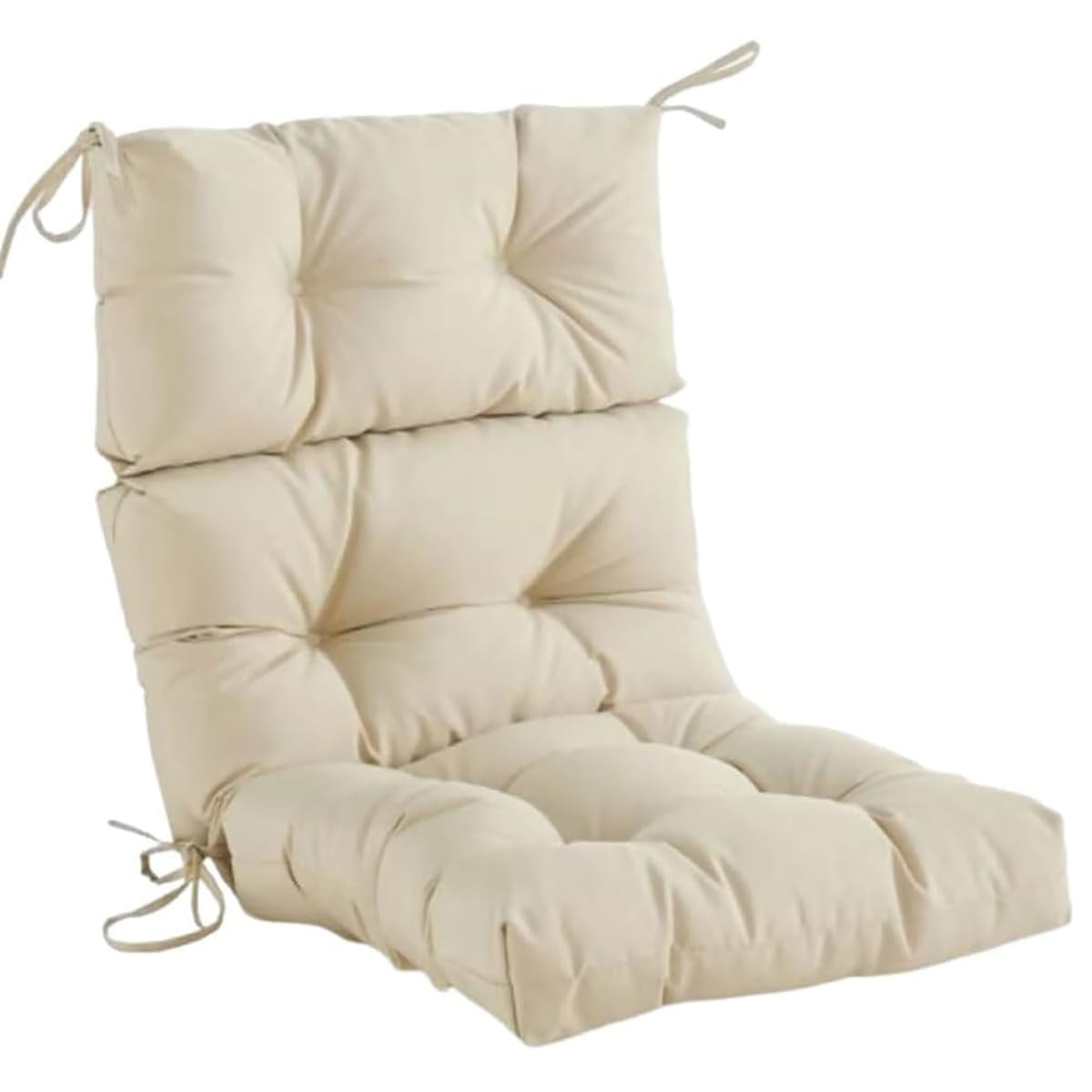 Outdoor high - back chair cushion with ties. Waterproof, all - weather, high - rebound cushion for rocking chairs. Thick tufted seat pad for outdoor patio furniture.