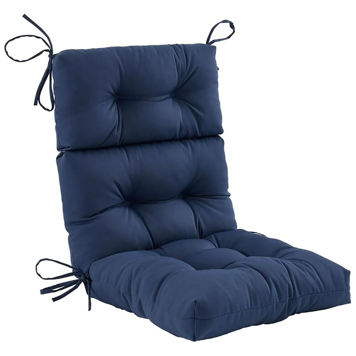 Outdoor high - back chair cushion with ties. Waterproof, all - weather, high - rebound cushion for rocking chairs. Thick tufted seat pad for outdoor patio furniture.