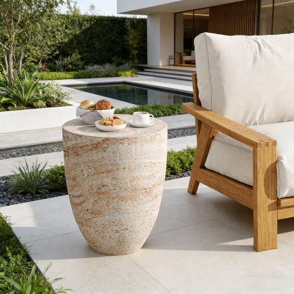 Outdoor/indoor side table, paired with travertine finish, suitable for terrace, garden, or living room as a weather-resistant decorative table, durable and stylish modern furniture