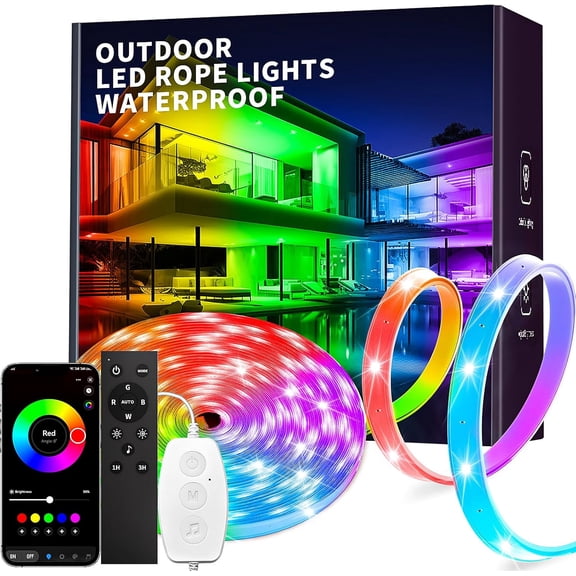 Outdoor led Strip Lights Waterproof IP68, RGB Outdoor led Lights with Button & Bluetooth App Control, Music Sync, Timer, Exterior Led Rope Lights for Decor Balcony, Roof, Garden, Pool
