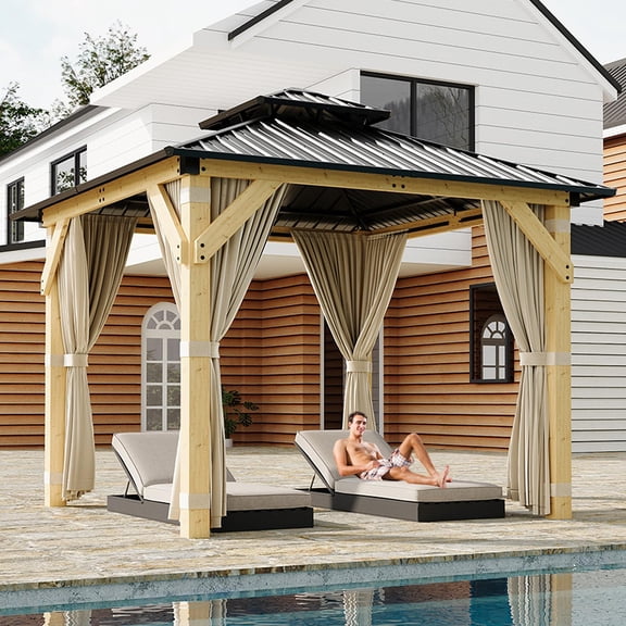 Outdoor living10x10ft Hardtop Gazebo Double Roof Canopy Wood, 4-Post Wooden, Curtain&Netting,Permanent Gazebo Pavilion